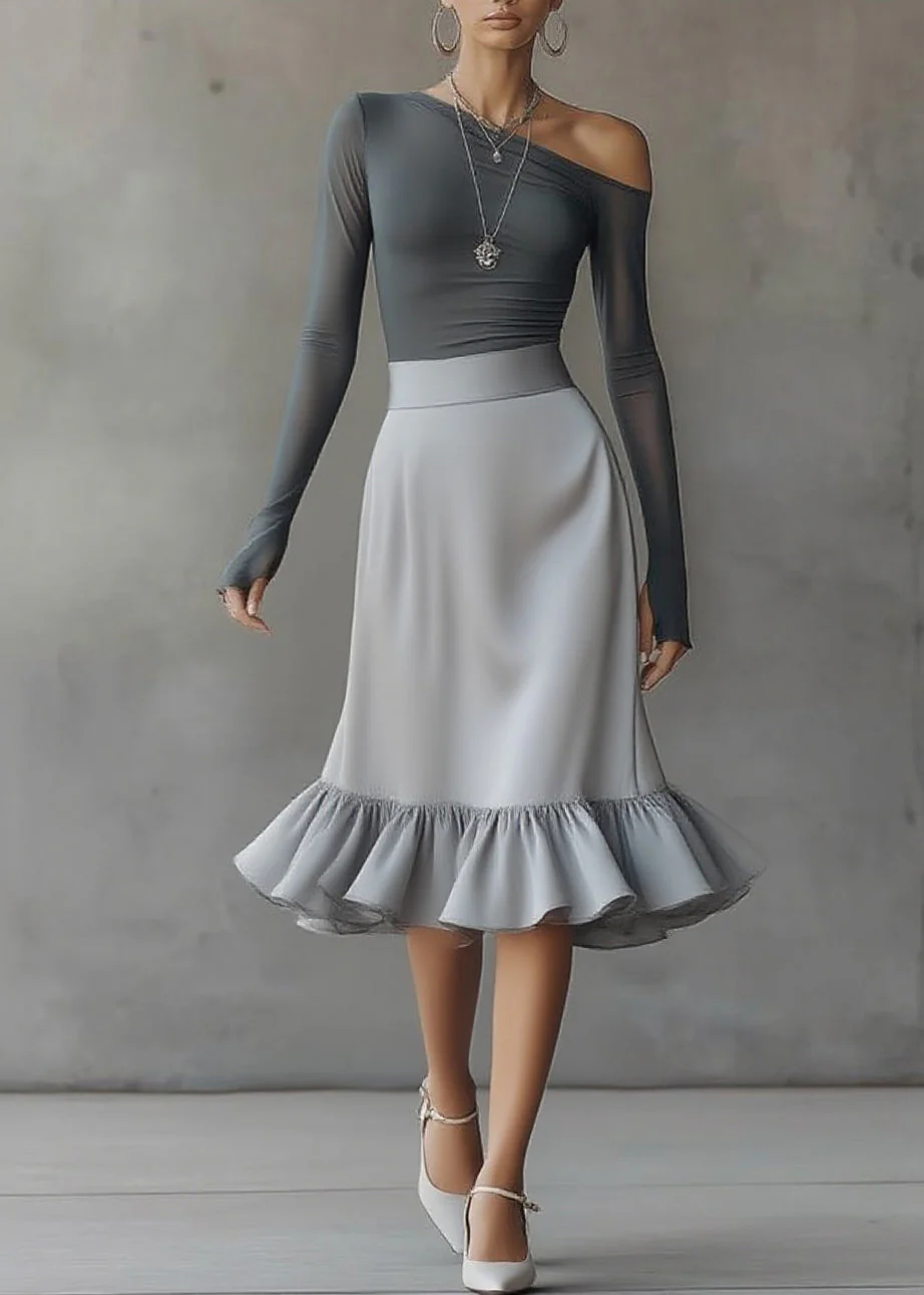 Style Grey Asymmetrical Top And A Line Skirts Two-Piece Set Spring - Image 3