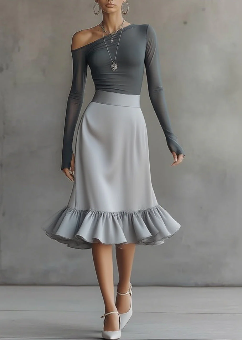 Style Grey Asymmetrical Top And A Line Skirts Two-Piece Set Spring - Image 5