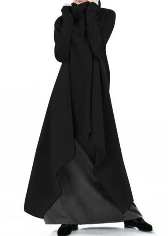 Style Grey Hign Neck Asymmetrical Design Cotton Dress Spring - Image 3