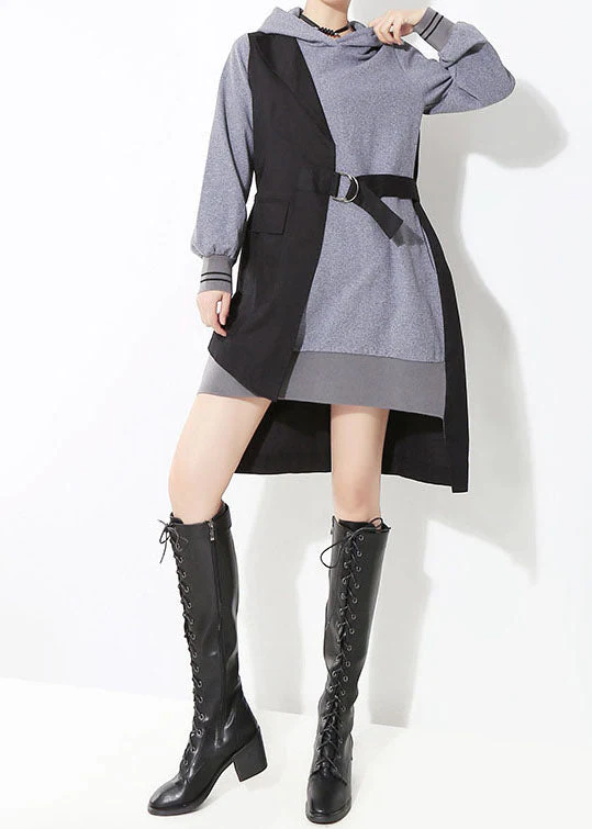 Style Grey low high design tie waist Hooded Patchwork Dresses Spring - Image 2