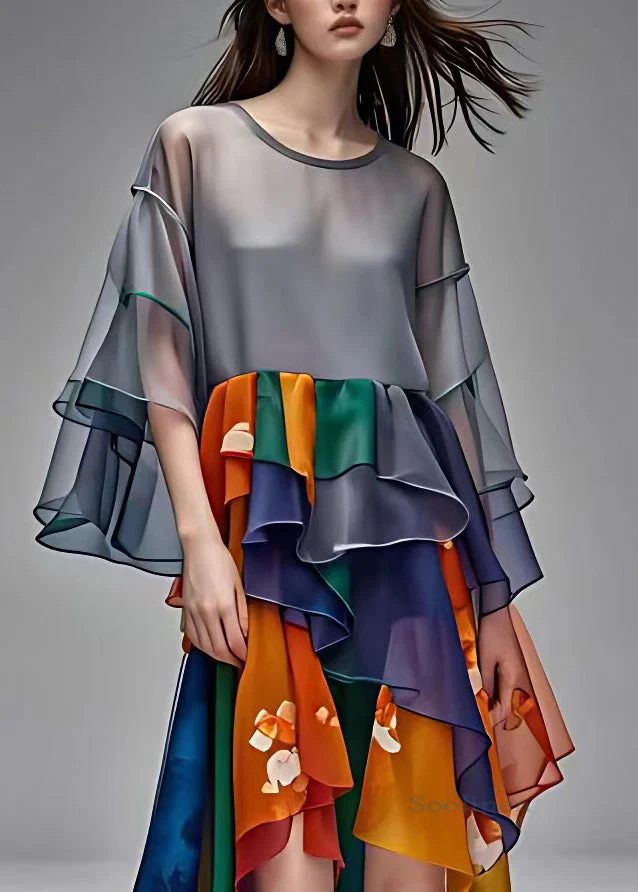 Style Grey O-Neck Patchwork Chiffon Maxi Dress Half Sleeve - Image 3