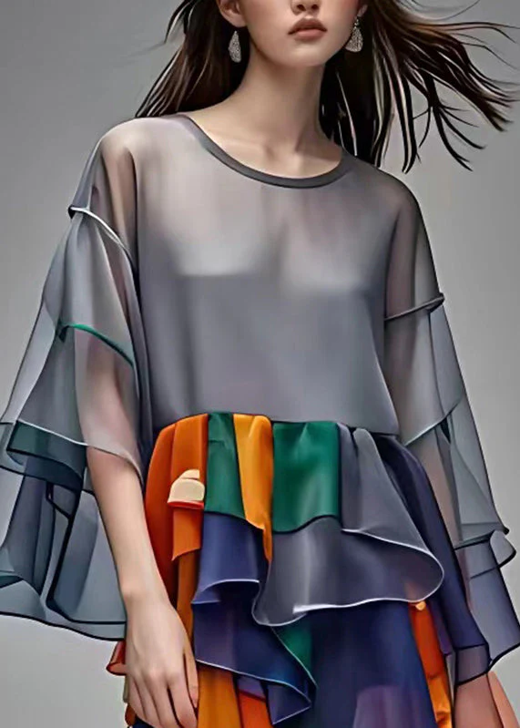 Style Grey O-Neck Patchwork Chiffon Maxi Dress Half Sleeve - Image 4