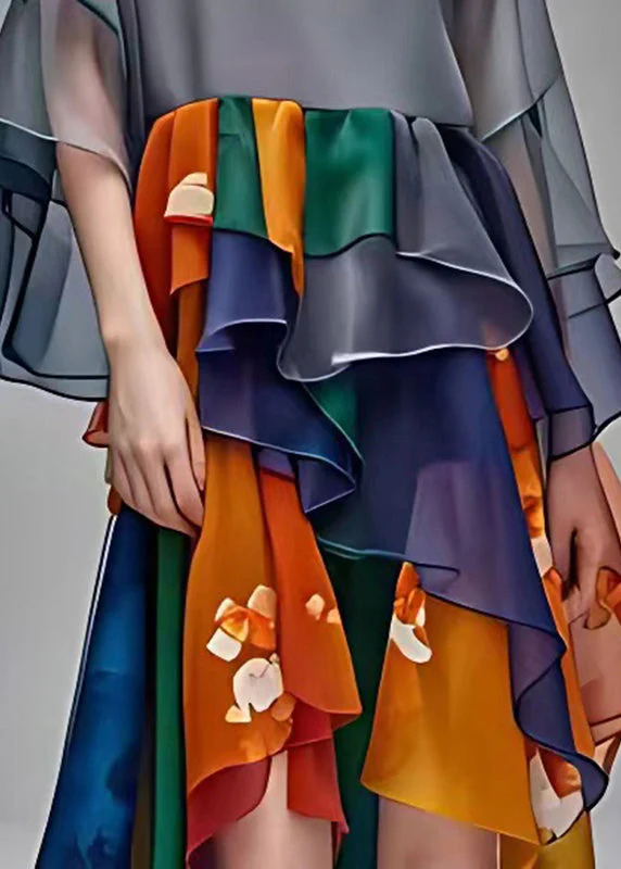 Style Grey O-Neck Patchwork Chiffon Maxi Dress Half Sleeve - Image 5