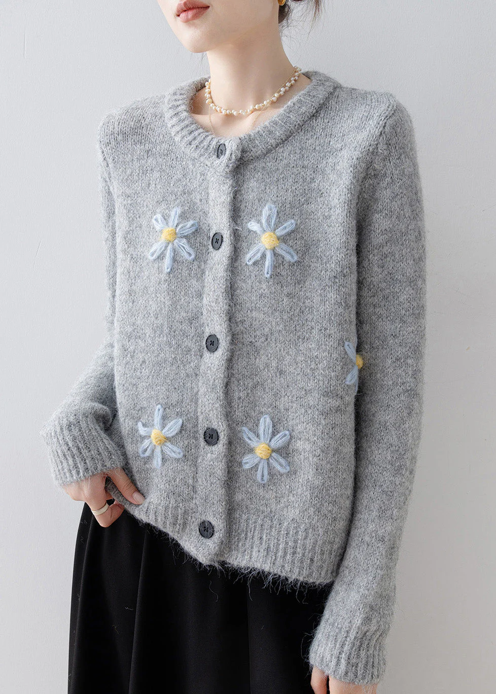 Style Grey Oversized Floral Knit Cardigans Winter - Image 3