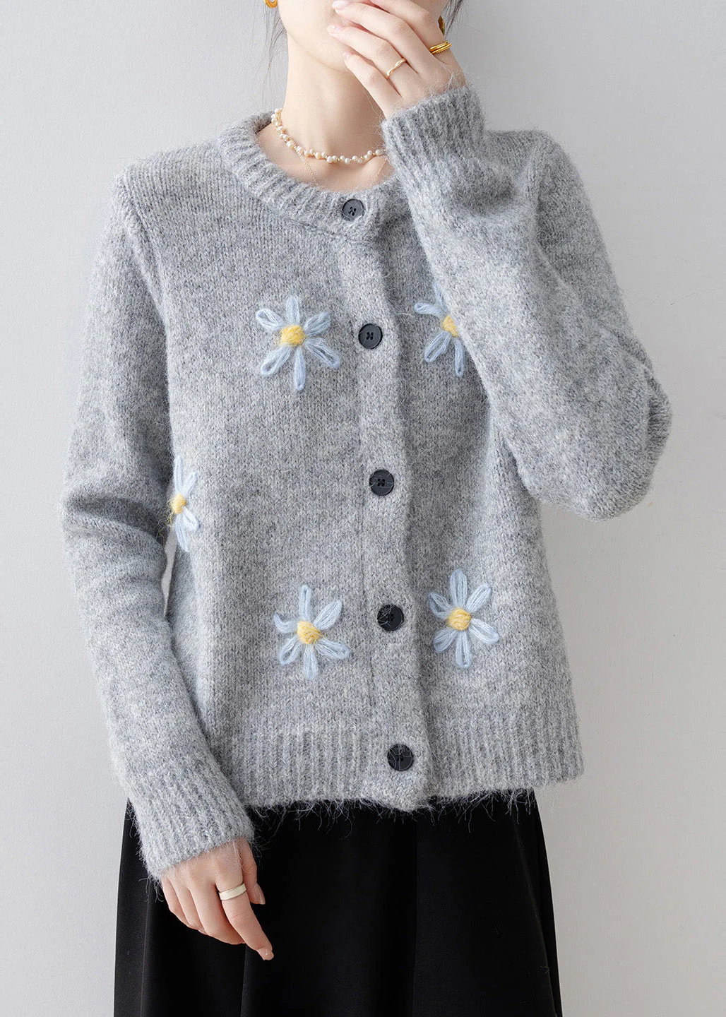 Style Grey Oversized Floral Knit Cardigans Winter - Image 4