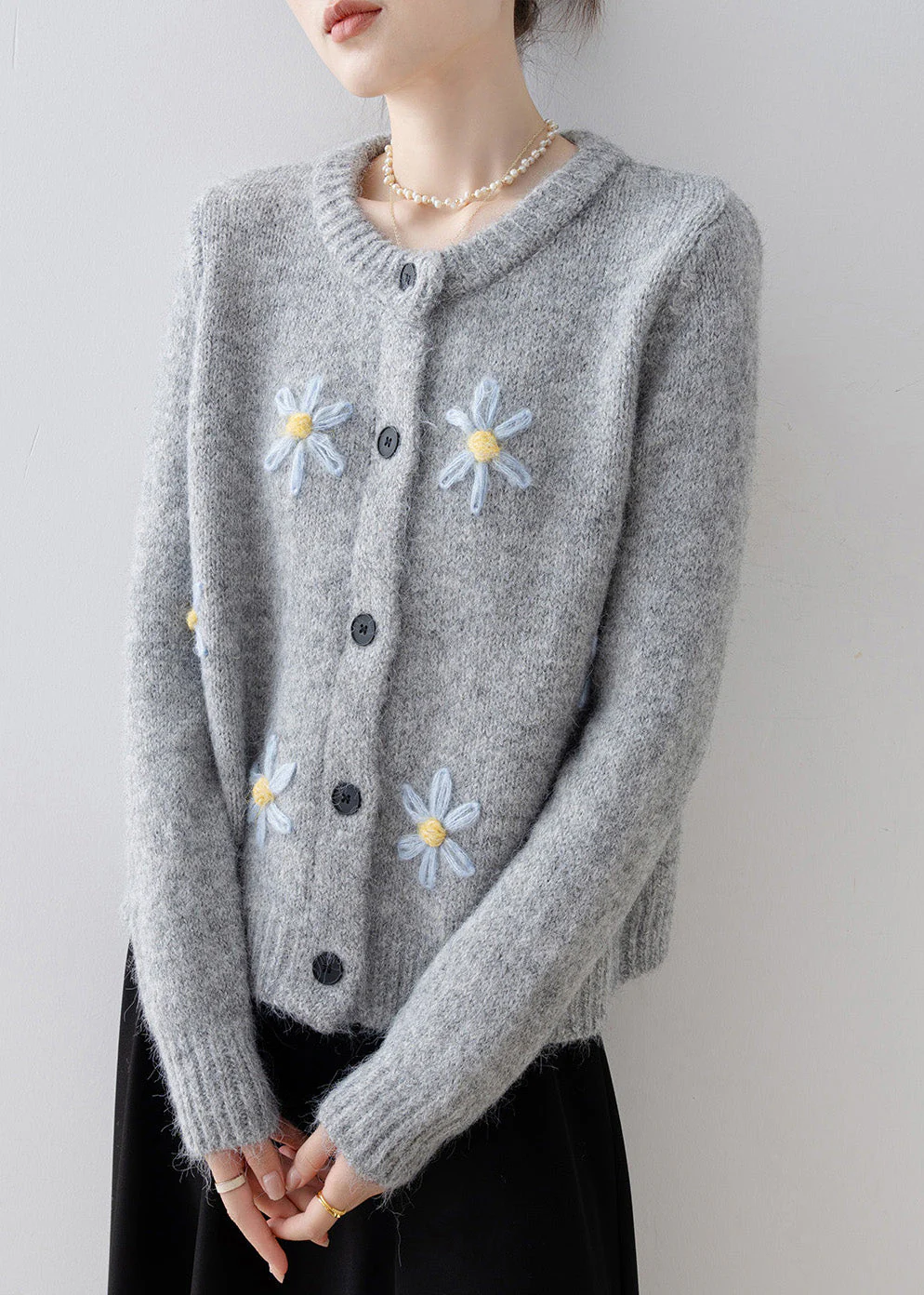 Style Grey Oversized Floral Knit Cardigans Winter - Image 5