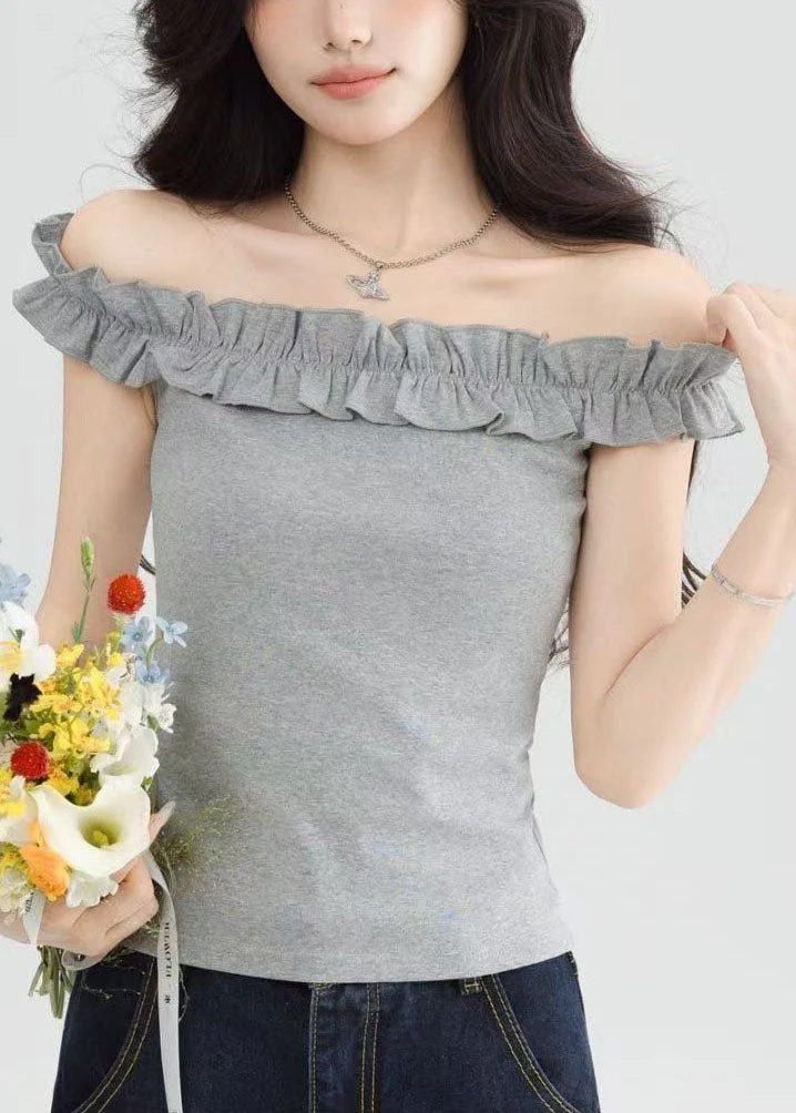 Style Grey Slash Neck Ruffled Short Sleeve Yoga Tops Women - Image 2