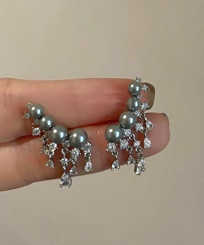 Style Grey Sterling Silver Zircon Arc Pearl Tassel Stud Earrings - Image 2