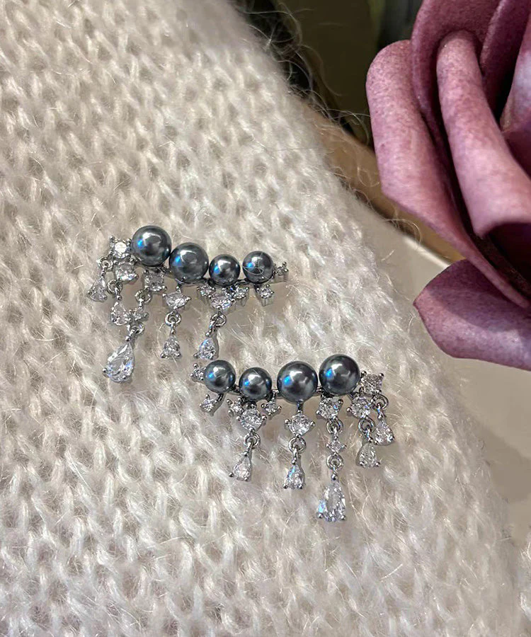Style Grey Sterling Silver Zircon Arc Pearl Tassel Stud Earrings - Image 4
