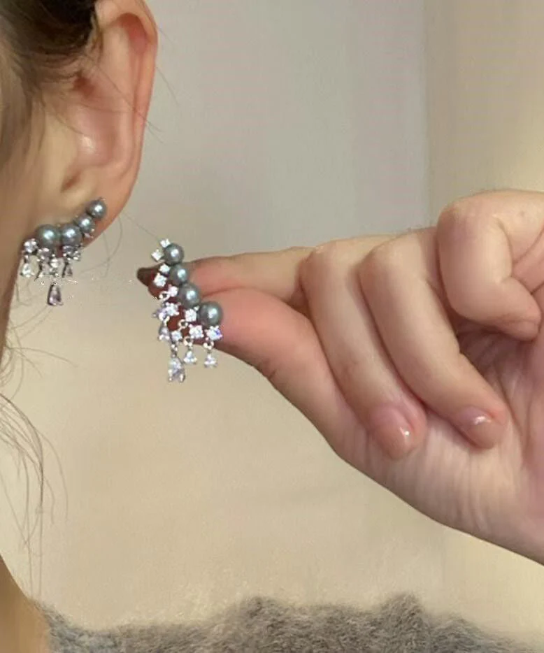 Style Grey Sterling Silver Zircon Arc Pearl Tassel Stud Earrings - Image 5