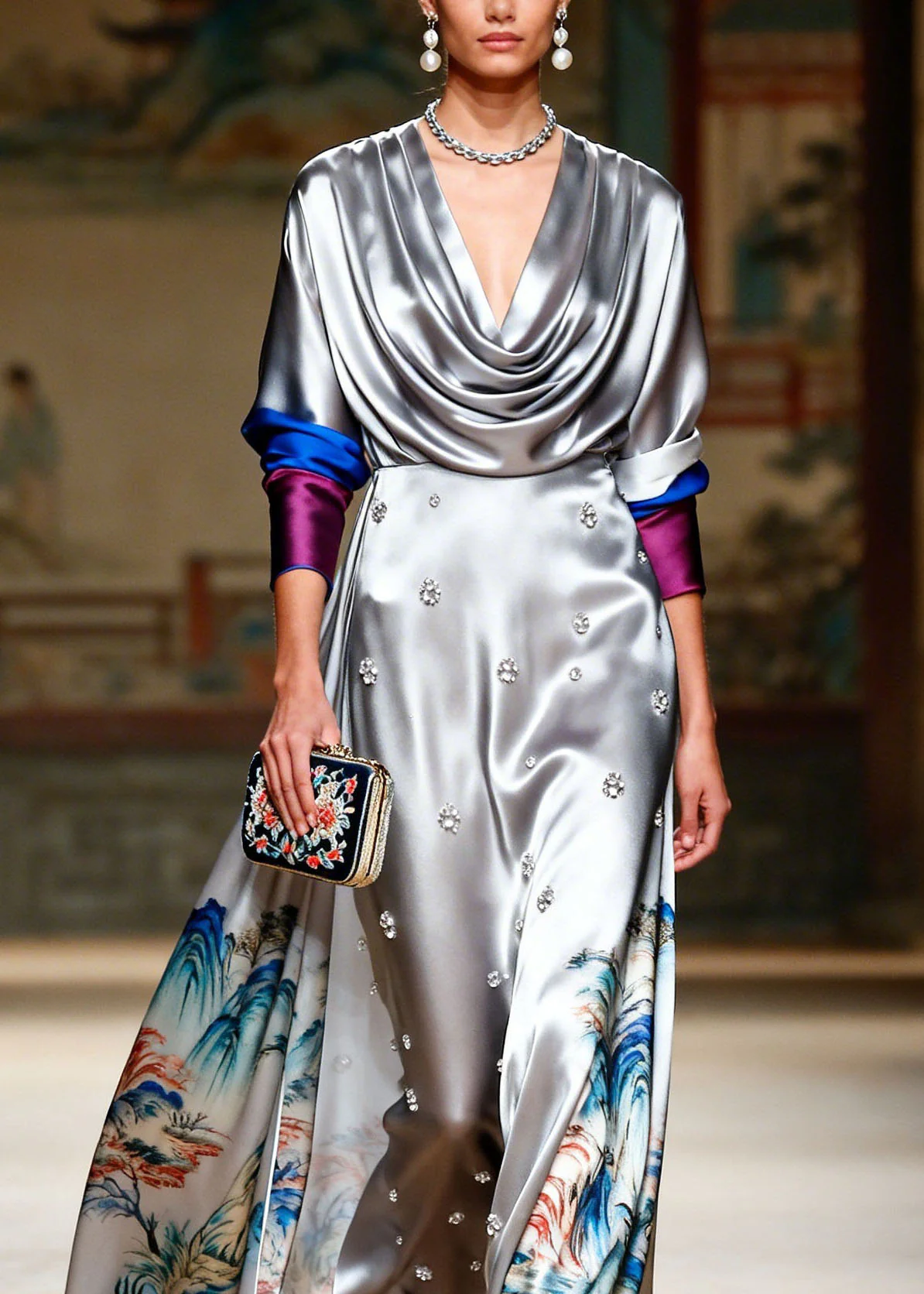 Style Grey Turtle Neck Print Zircon Silk Long Dresses - Image 2