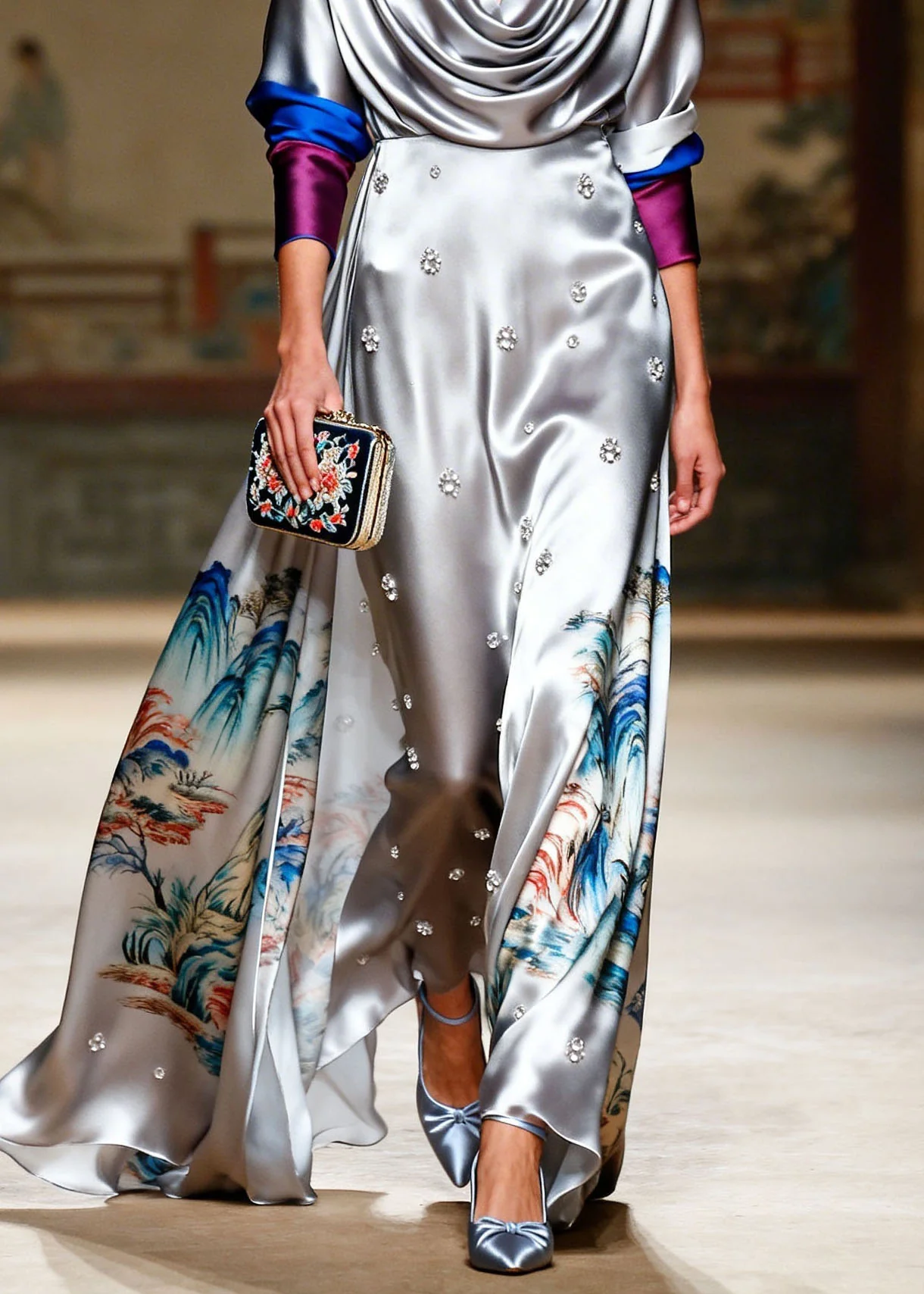 Style Grey Turtle Neck Print Zircon Silk Long Dresses - Image 4