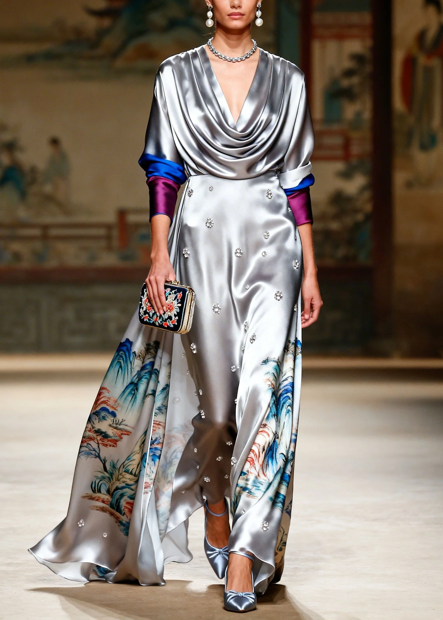 Style Grey Turtle Neck Print Zircon Silk Long Dresses - Image 5