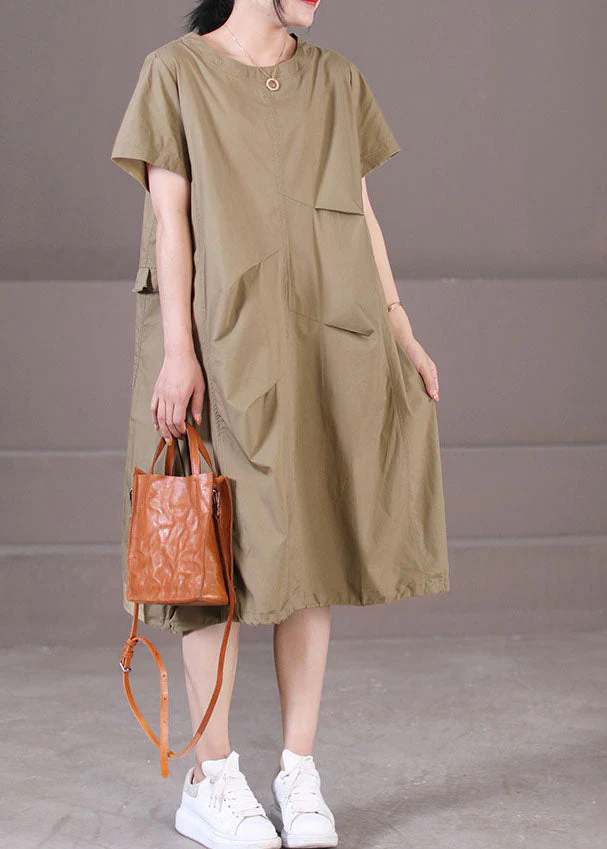 Style Khaki Asymmetrical Design Wrinkled Cotton Party Dress Short Sleeve - Image 2