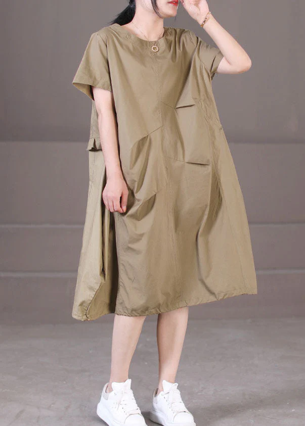 Style Khaki Asymmetrical Design Wrinkled Cotton Party Dress Short Sleeve - Image 3