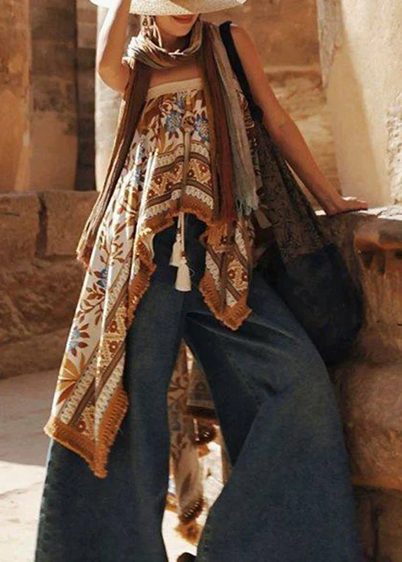 Style Khaki Asymmetrical Print Tassel Top Sleeveless - Image 3