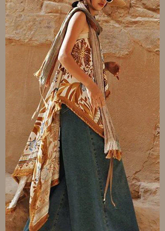 Style Khaki Asymmetrical Print Tassel Top Sleeveless - Image 5