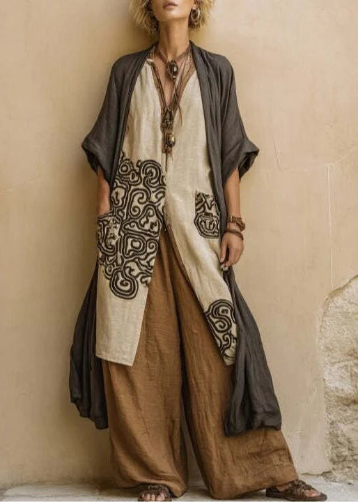 Style Khaki Embroidered Oversized Linen Women Sets 2 Pieces Summer