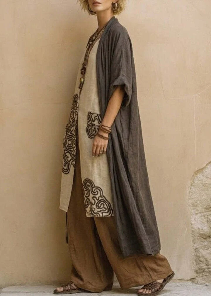 Style Khaki Embroidered Oversized Linen Women Sets 2 Pieces Summer - Image 3