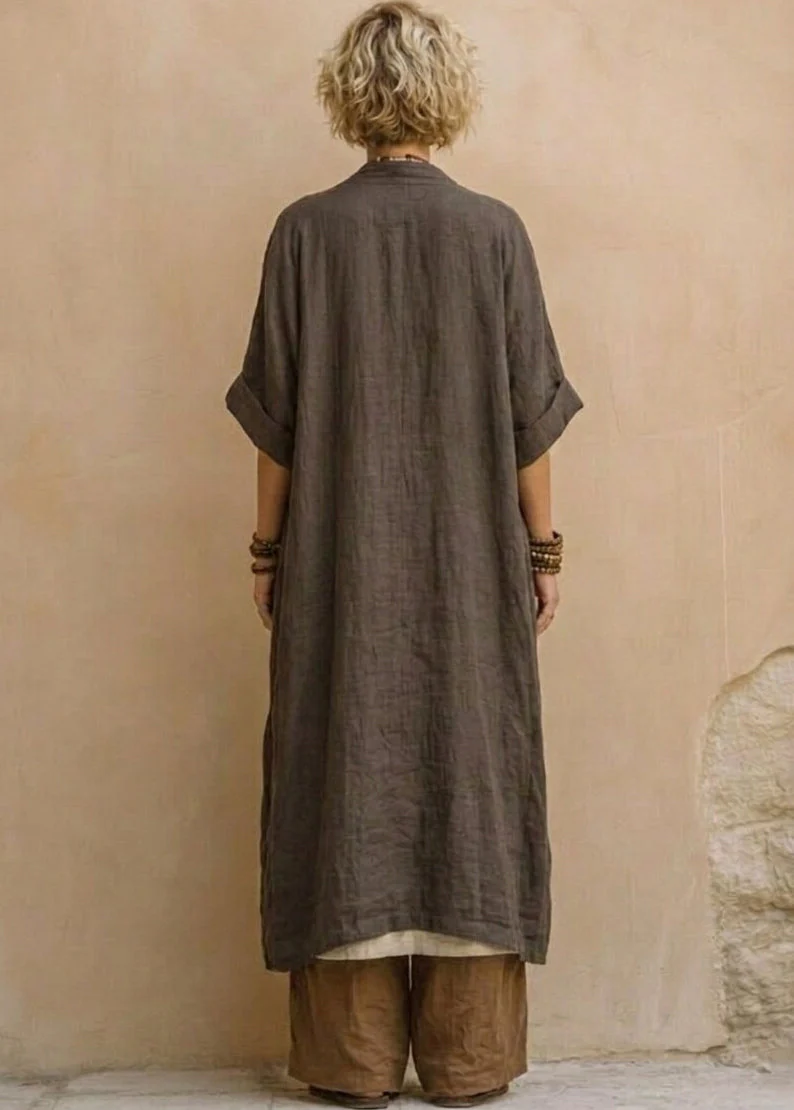 Style Khaki Embroidered Oversized Linen Women Sets 2 Pieces Summer - Image 4