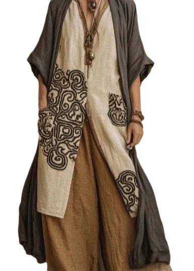 Style Khaki Embroidered Oversized Linen Women Sets 2 Pieces Summer - Image 5