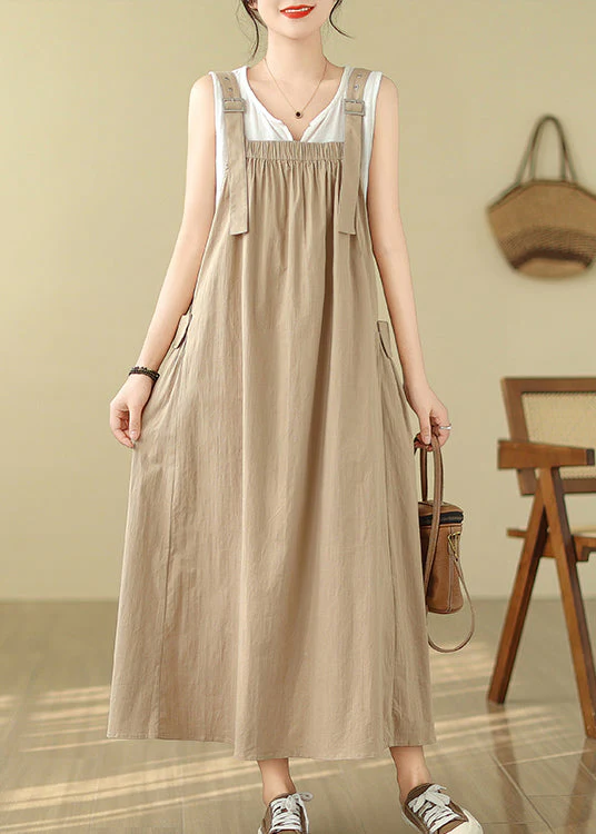 Style Khaki Oversized Pockets Cotton Cami Dress Summer - Image 2