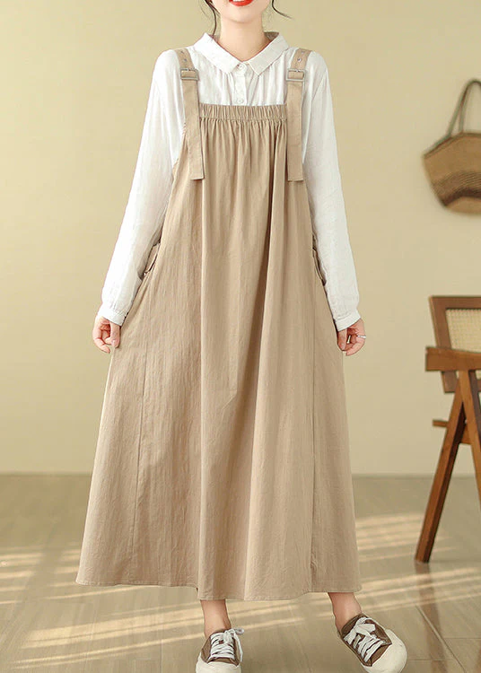 Style Khaki Oversized Pockets Cotton Cami Dress Summer - Image 3