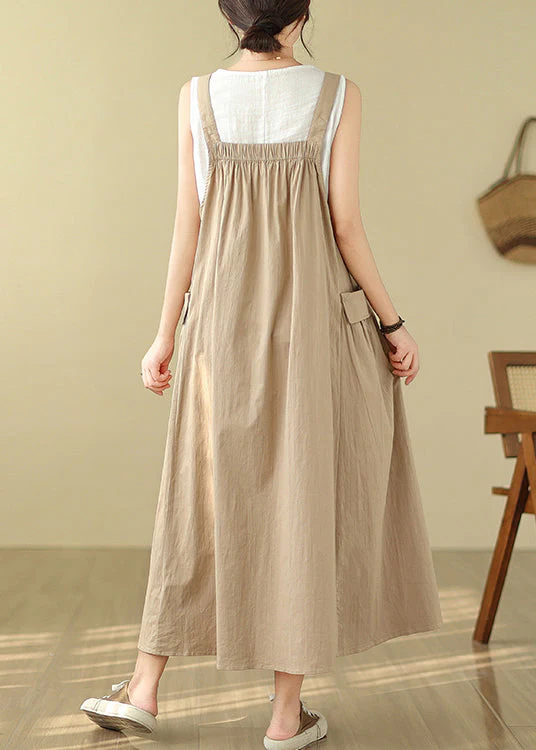 Style Khaki Oversized Pockets Cotton Cami Dress Summer - Image 4