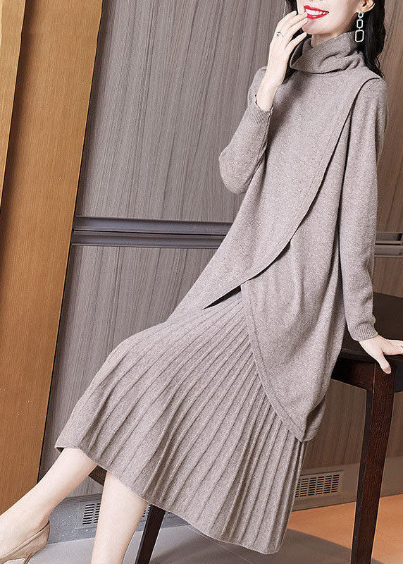 Style Khaki Turtle Neck Asymmetrical Design Knit Pleated Dress Two Piece Set Winter - Image 2