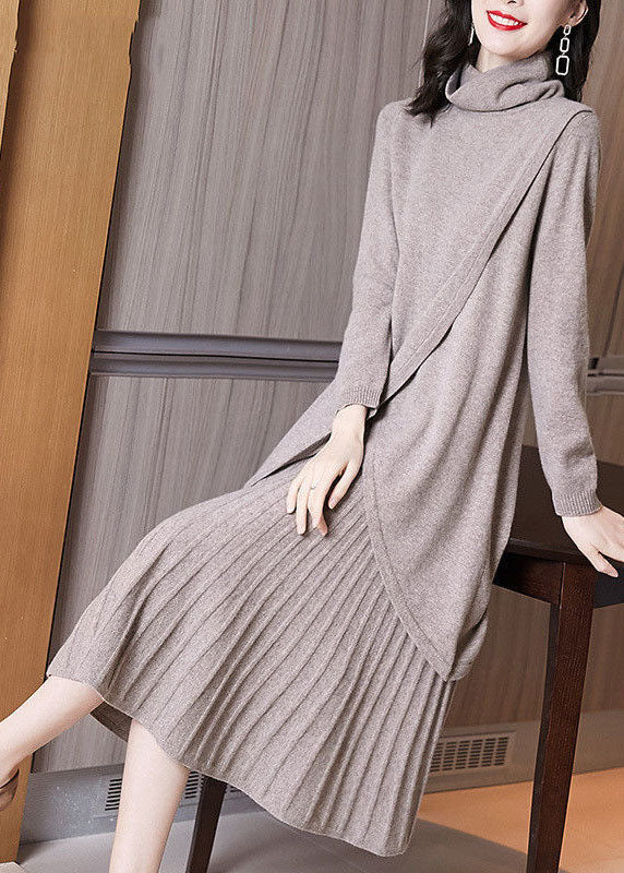Style Khaki Turtle Neck Asymmetrical Design Knit Pleated Dress Two Piece Set Winter - Image 3