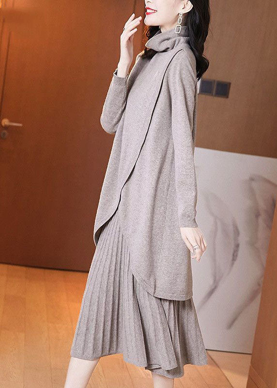 Style Khaki Turtle Neck Asymmetrical Design Knit Pleated Dress Two Piece Set Winter - Image 4