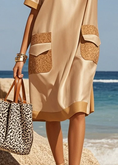 Style Khaki V Neck Patchwork Draping Silk Mid Dresses Summer - Image 4
