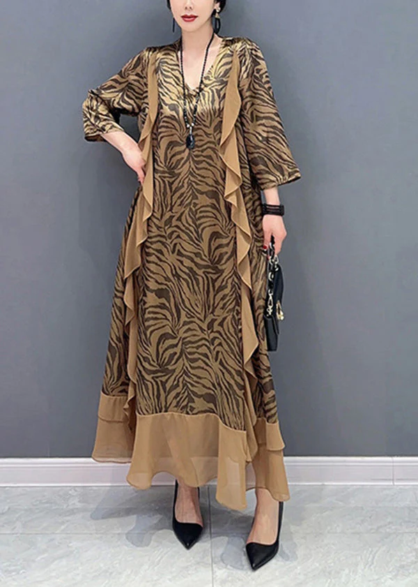 Style Khaki V Neck Patchwork Zebra Pattern Silk Dress Bracelet Sleeve - Image 2