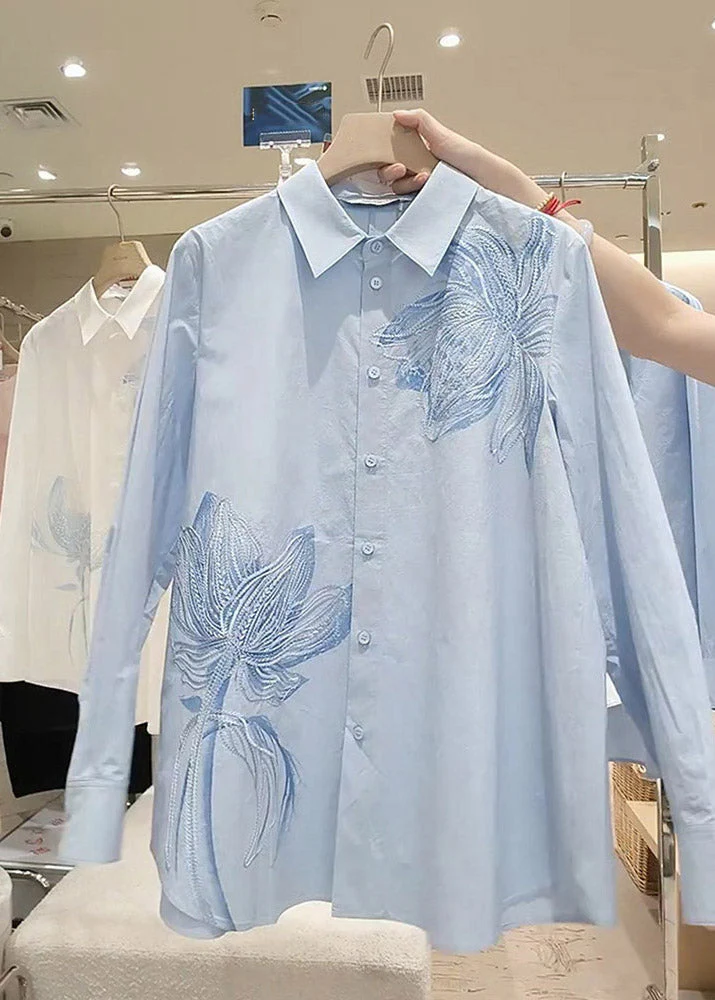 Style Light Blue Embroidered Button Shirt Spring - Image 2