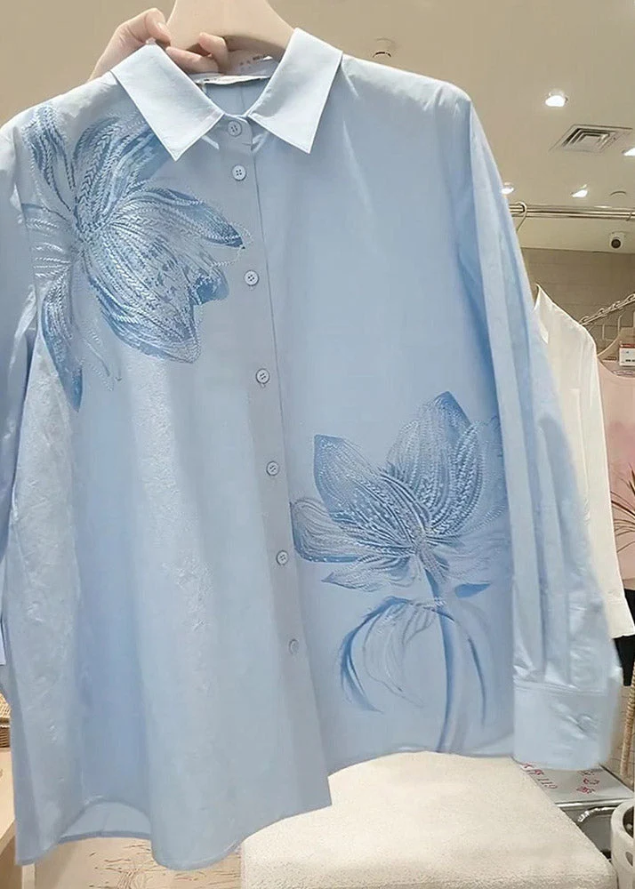 Style Light Blue Embroidered Button Shirt Spring - Image 3