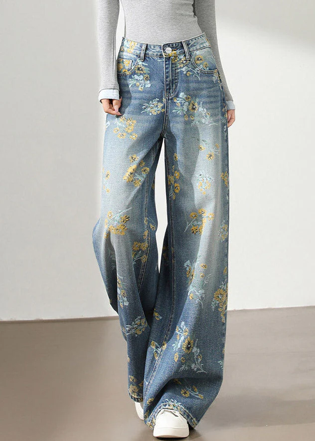 Style Light Blue High Waist Pockets Denim Wide Leg Print Pants - Image 3