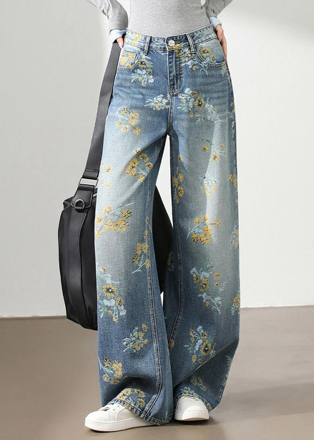 Style Light Blue High Waist Pockets Denim Wide Leg Print Pants - Image 4
