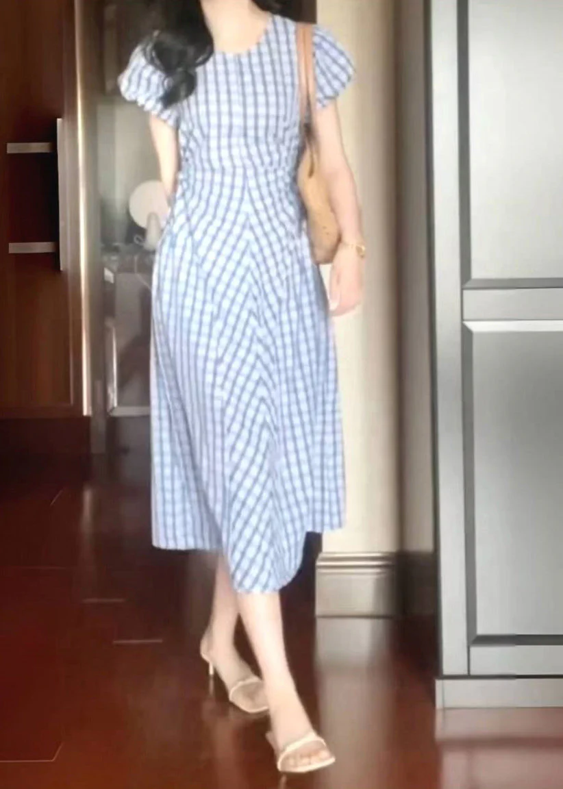 Style Light Blue O-Neck Plaid Tie Waist Long Dress Short Sleeve - Image 2