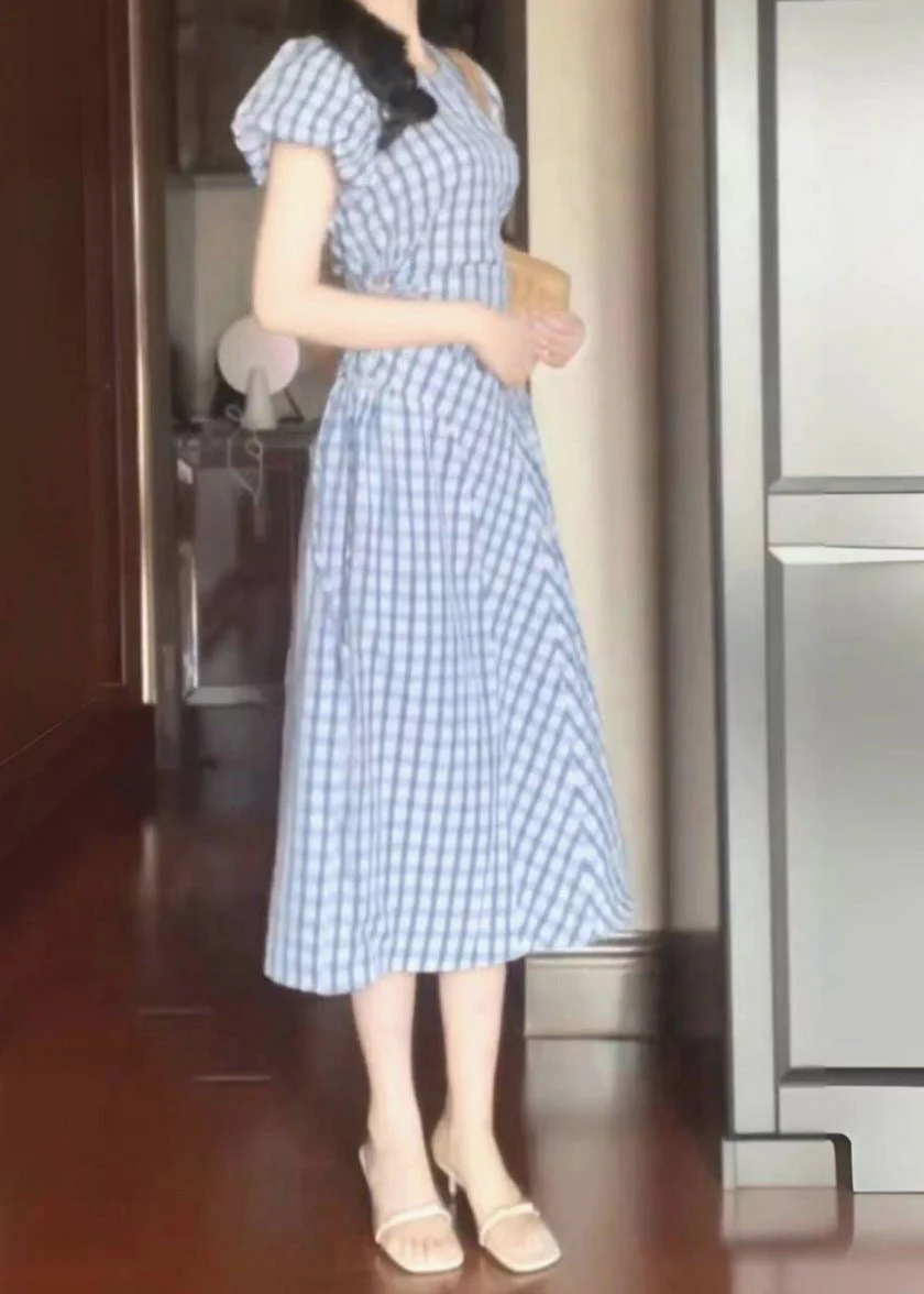 Style Light Blue O-Neck Plaid Tie Waist Long Dress Short Sleeve - Image 3