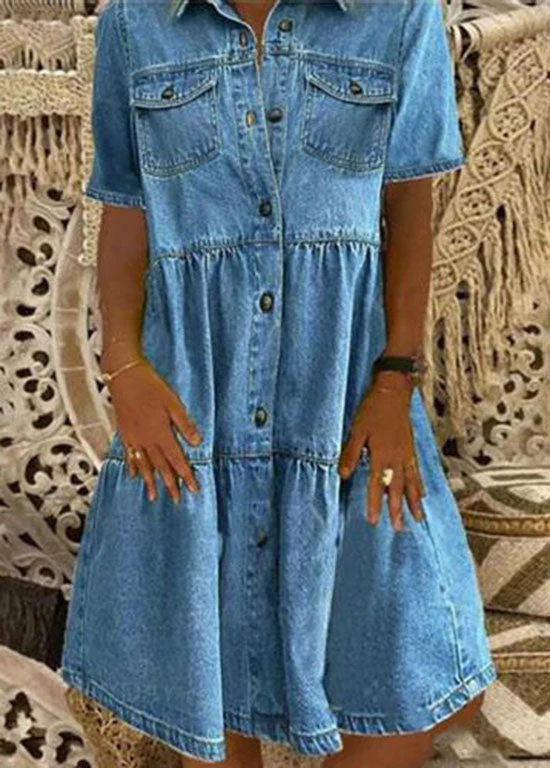 Style Light Blue Peter Pan Collar Wrinkled Patchwork Denim Mid Dress Summer - Image 2