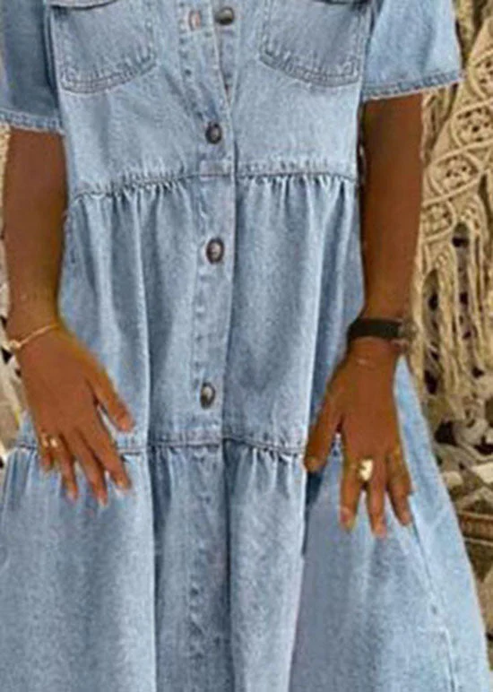 Style Light Blue Peter Pan Collar Wrinkled Patchwork Denim Mid Dress Summer - Image 4