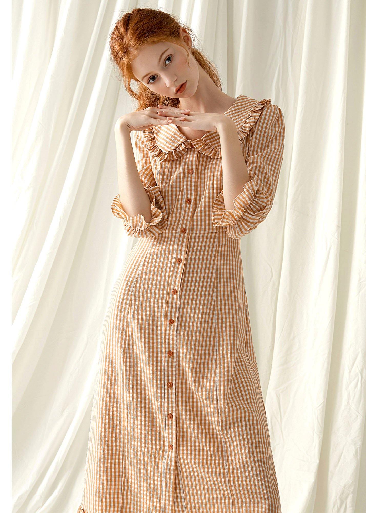 Style light orange plaid blended Tunics o neck Maxi fall Dress - Image 2