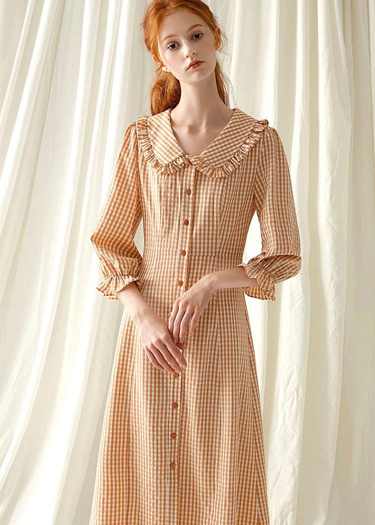Style light orange plaid blended Tunics o neck Maxi fall Dress - Image 3