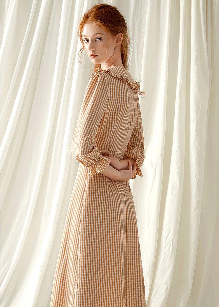 Style light orange plaid blended Tunics o neck Maxi fall Dress - Image 4