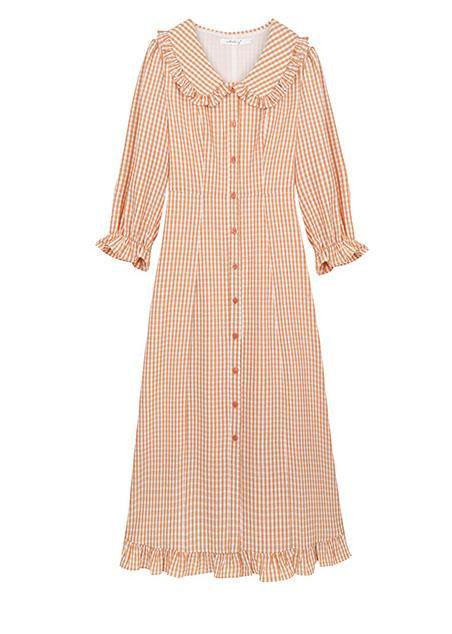 Style light orange plaid blended Tunics o neck Maxi fall Dress - Image 5