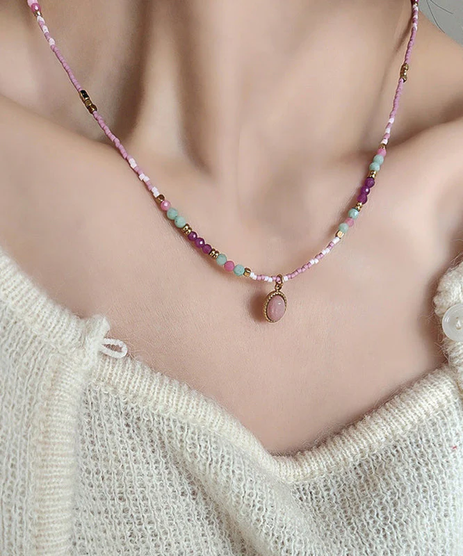 Style Light Purple Stainless Steel Zircon Agate Beading Pendant Necklace - Image 2
