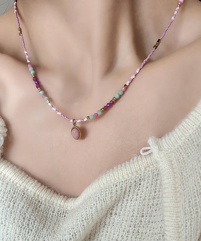 Style Light Purple Stainless Steel Zircon Agate Beading Pendant Necklace - Image 3