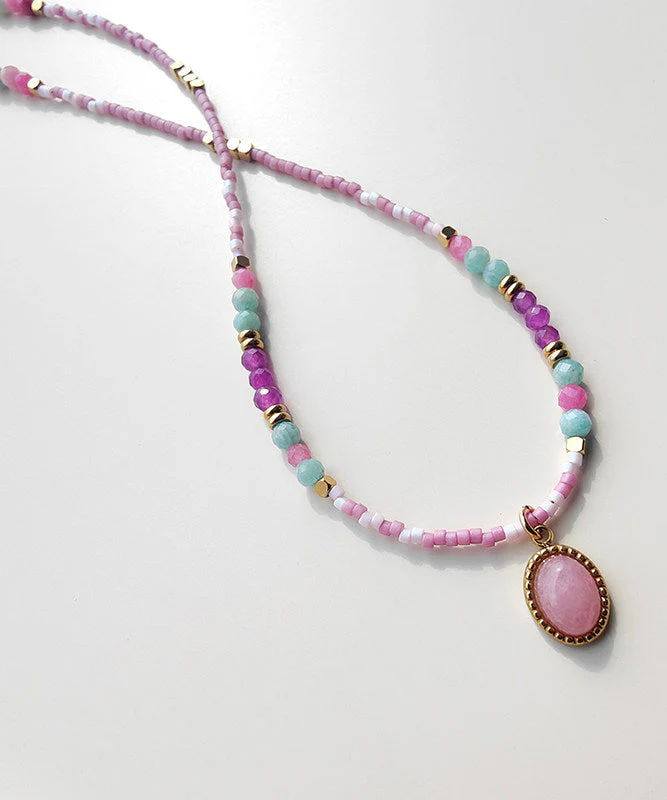 Style Light Purple Stainless Steel Zircon Agate Beading Pendant Necklace - Image 4