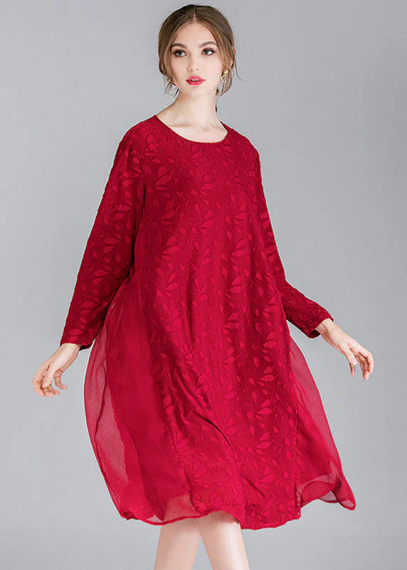 Style Mulberry O-Neck Patchwork Chiffon Holiday Dress Long Sleeve - Image 2