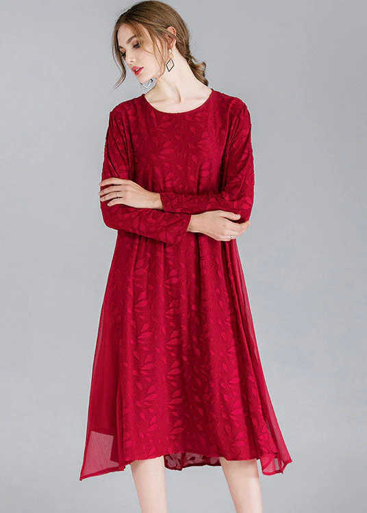 Style Mulberry O-Neck Patchwork Chiffon Holiday Dress Long Sleeve - Image 3